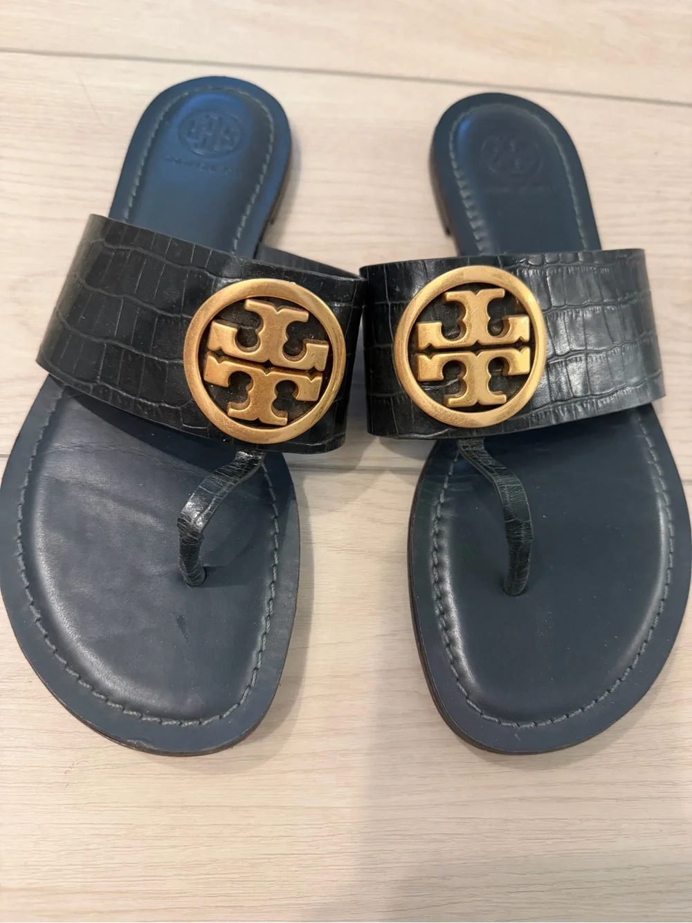 Tory Burch Black Croc-Embossed Leather Slide Sandals with Gold Logo